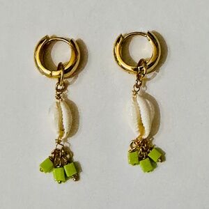 Mayamar 24K Gold Charm Drop Earrings - Cowrie Shell & Beads | Boho Luxe